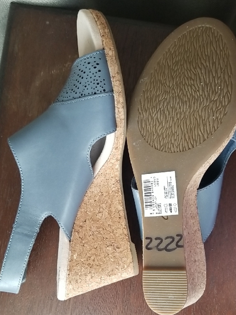 Women’s Dusty Blue Leather Cork Wedge Sandals - Comfortable Open-Toe Slingback - Picture 4 of 4